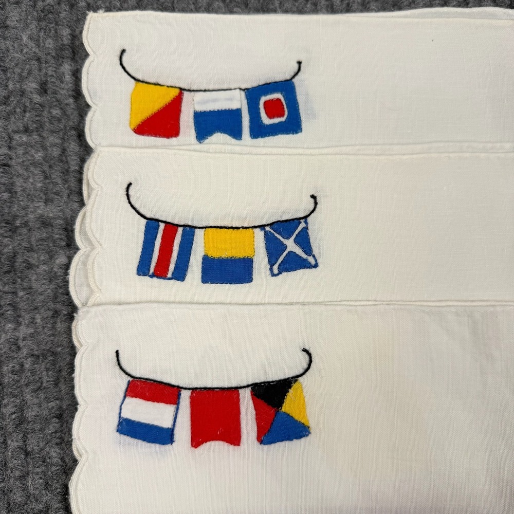 Vtg 50s Linen Bar Cocktail Napkins SET 6 Nautical Signal Flags Yacht Club Boat